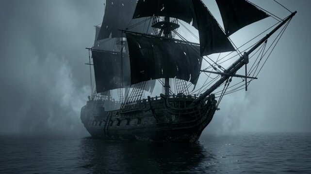 Cinematic view of a mysterious ghost ship with tattered black sails floating in heavy fog on the dark ocean. Spooky ancient pirate vessel in the mist. Fantasy adventure concept