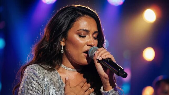 Beautiful female singer performing with a microphone on a dark stage. Vocalist singing emotionally with closed eyes under colorful concert lights. Live music show concept
