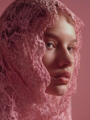 Female portrait. Delicate pink lace, translucent crochet textures, romantic Victorian-inspired