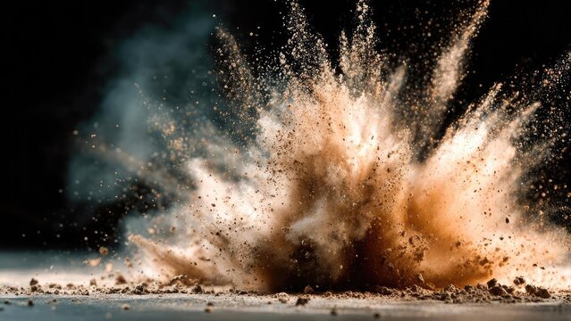 A dramatic burst of dirt and dust exploding upward from the ground against a dark background. Concept Dust plume burst, Ground dust explosion, High-contrast dark background
