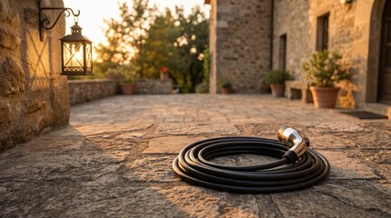 Ultra-Realistic EV Charging Cable Coil on Stone Surface with Subtle Lantern Shadow, Warm Dusk Copy Space