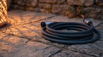 Ultra-Realistic EV Charging Cable Coil on Stone Surface with Subtle Lantern Shadow, Warm Dusk Copy Space