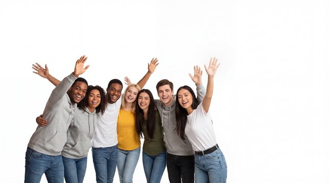 diverse group of happy young friends waving hands. african, asian, caucasian and mulatto people in casual clothes on white background. friendship and unity concept. website header, copyspace.