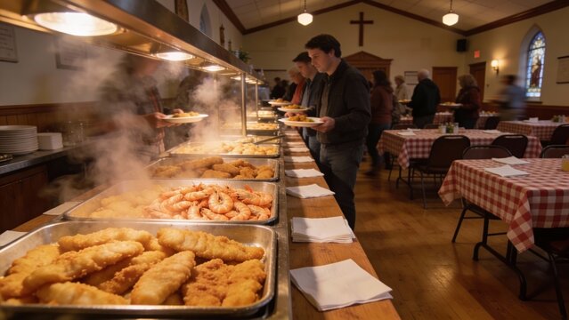 Church hall community meal line, volunteers and guests serve hot fried fish and sides, warm social gathering for Lent, local charity fundraiser dinner