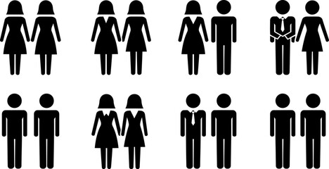 Diverse Group of People Icons and Couple Silhouettes Representing Relationships and Gender