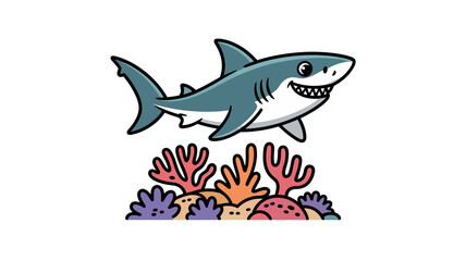 Fototapeta premium A cartoon shark swimming above colorful coral reef in the ocean