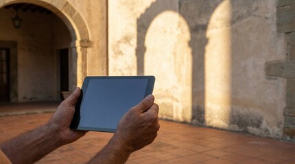 Ultra-Realistic Hands Holding Blank Tablet in Traditional Courtyard with Arch Shadows, Warm Daylight Copy Space