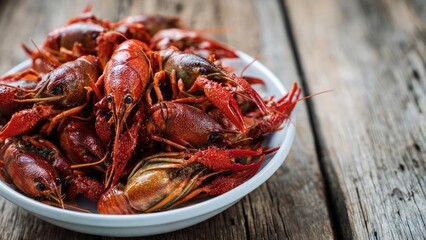 Plate of red boiled crawfish piled on a wooden table. Concept Crawfish Boil, Seafood Feast, Rustic Table Setting, Red Cajun Crawfish, Food Photography