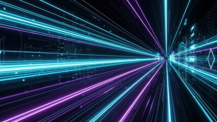 Dynamic abstract background with glowing blue and purple light trails, representing data flow, speed, and futuristic technology.