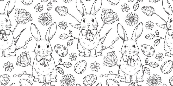 Seamless pattern with hand-drawn easter egg, ester bunny, and flower sketches. Vector drawing illustration for packaging, stationery, and decorative design projects.