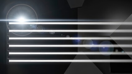 Dynamic abstract background with bright horizontal light beams and lens flare on a dark, futuristic geometric structure, ideal for technology concepts.