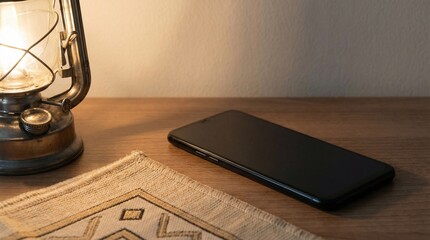 Ultra-Realistic Blank Smartphone Beside Traditional Lantern and Prayer Mat Edge, Warm Side Light, Copy Space