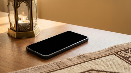Ultra-Realistic Blank Smartphone Beside Traditional Lantern and Prayer Mat Edge, Warm Side Light, Copy Space