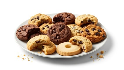 A tempting assortment of delicious cookies, including chocolate chip, raisin, and shortbread, on a white plate with crumbs.