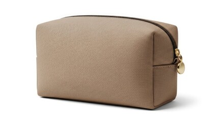 Stylish beige textured cosmetic bag with a gold zipper, isolated on a white background. Perfect for travel toiletries or makeup storage.