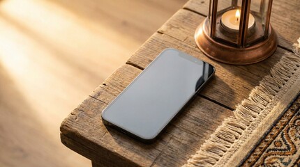 Ultra-Realistic Blank Smartphone Beside Traditional Lantern and Prayer Mat Edge, Warm Side Light, Copy Space