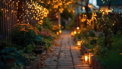 Obraz premium A cozy garden path at dusk, lined with flowers, potted plants, and warm lanterns with twinkling fairy lights. Concept Cozy Garden Path at Dusk, Warm Lanterns and Fairy Lights, Floral Pathway Shots