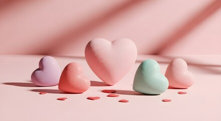 Fototapeta premium Soft pastel colored heart-shaped makeup brushes on a pink background with small heart confetti lavender