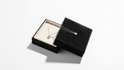 Elegant silver necklace with a sparkling pendant presented in an open black jewelry box on a clean white background, perfect for luxury themes.