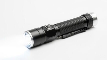 A powerful black LED flashlight with a textured grip, emitting a bright beam of light on a clean white background, highlighting its modern design.