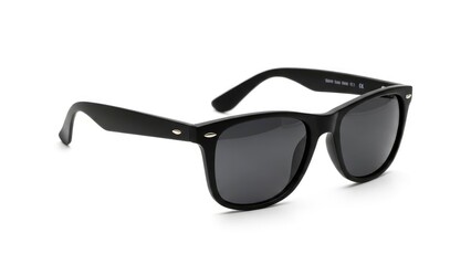 Stylish black sunglasses with dark lenses on a clean white background, perfect for summer fashion and eye protection.