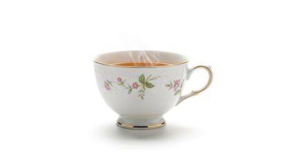 Elegant porcelain teacup with delicate floral pattern and gold trim, filled with steaming hot tea, isolated on a clean white background.