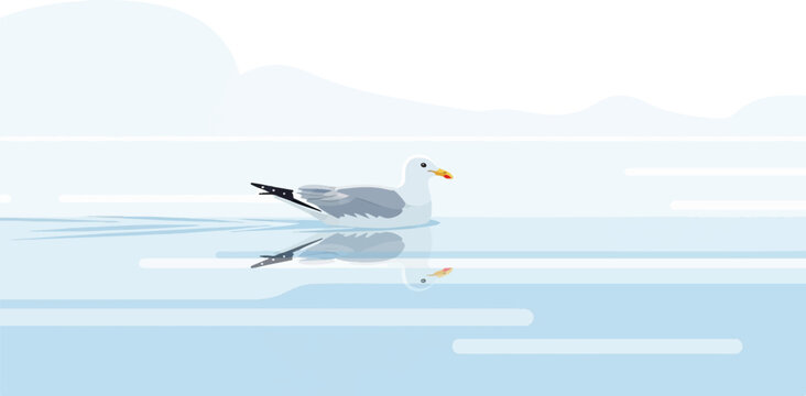 Minimalist illustration of a seagull floating on calm water, with a fish below