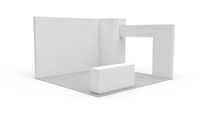 3D render of a simple, empty white exhibition stand or trade show booth with a reception desk, isolated on white background. Customizable space for ...