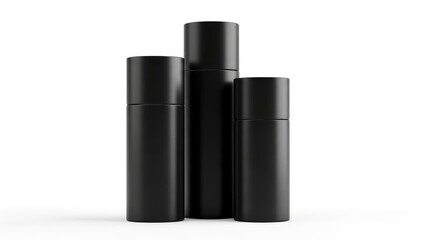 Three sleek black cylindrical product containers of varying heights on a white background, ideal for cosmetics or branding mockups.