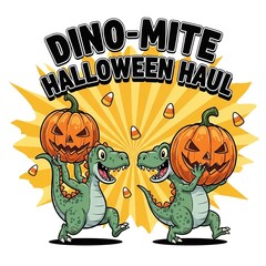 Obraz premium Two cartoon dinosaurs holding jack-o-lanterns celebrating dino-mite halloween haul in vibrant flat vector style