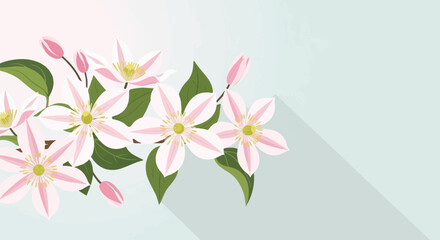 Light pink flowers with green leaves and soft shadows on a pale blue background