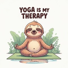 Fototapeta premium Cute cartoon sloth practicing yoga in a meditative pose on a green mat surrounded by leaves in a cheerful flat design style