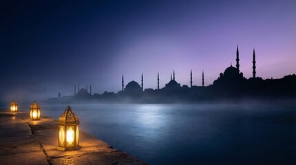 Cinematic Istanbul Night Skyline Across Water with Mosque Silhouettes, Moonlight Reflections, Copy Space Sky