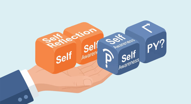 Hand holding cubes labeled "Self Reflection" and "Self Awareness", asking "WHY?