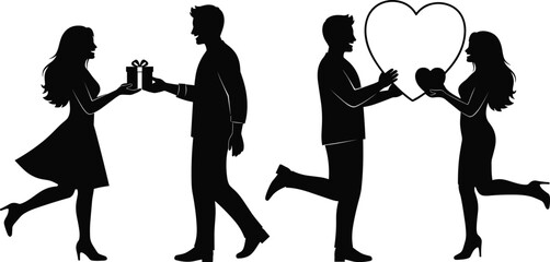 Obraz premium Silhouette couple exchanging gifts and heart symbol on white background woman