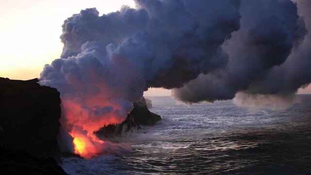 Dramatic volcanic lava flow entering the ocean on the Big Island of Hawaii. Glowing molten lava meets seawater, creating intense steam clouds and fiery red light against a dark coastal landscape.