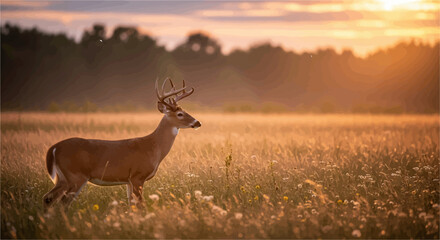 Obraz premium Majestic buck stands in sun-drenched field at golden hour