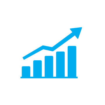 Blue upward trending bar chart with an ascending arrow indicates positive business growth and success.