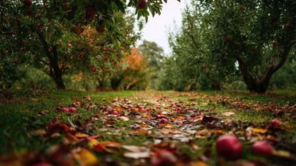 Obraz premium An apple orchard in autumn, with ripe red apples on the trees and fallen apples scattered across the ground. Concept Autumn apple orchard, Ripe red apples on trees, Fallen apples on ground