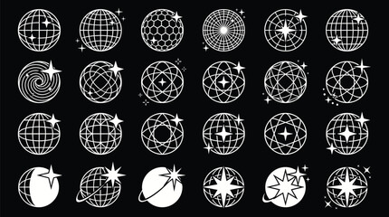 Retro Y2K Globe Logo with Minimal 2000s and 70s Graphic Style, Holographic Poster Design Featuring Stars and Groovy Forms for Global Badge, Decorative Banner, and Isolated Vector Elements © FUF KOO