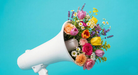 Megaphone with spring flowers on turquoise background.