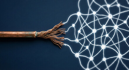 Copper cable connected to a glowing neural network on dark background