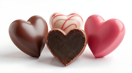 Fototapeta premium Luxury heart shaped chocolate pralines glossy assortment with one bitten showing rich filling, romantic confection gift for celebration