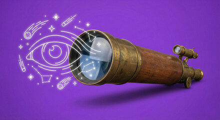 Vintage telescope with a drawn eye icon and stars on purple background