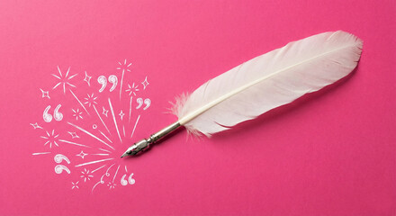 White quill pen with drawn quotation marks and sparks on pink background
