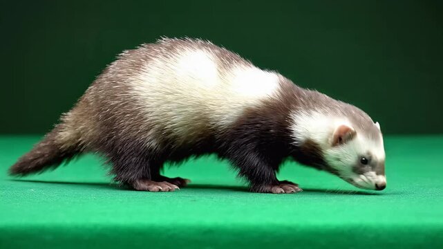 Ferret exploring green surface with curiosity and playful energy