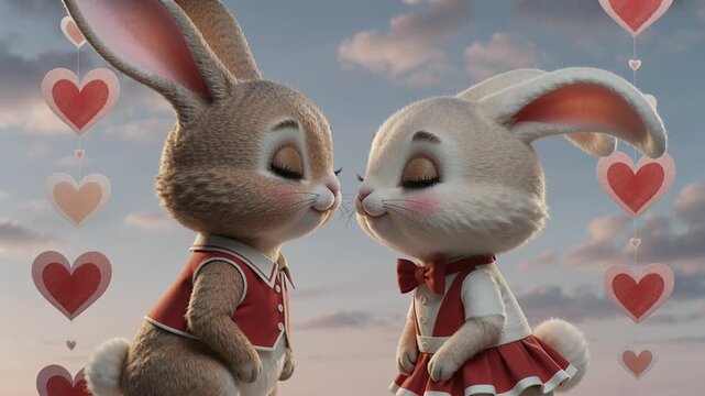 rabbits in cute outfits drift closer to kiss as heart balloons float in cloudy skies, romantic animation copy space by Generative AI