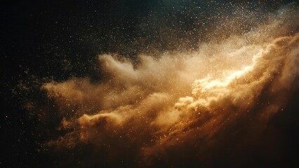 Fototapeta premium A luminous golden nebula in space, a cloud of dust and stars glowing against the dark cosmos. Concept Golden Nebula Glow, Cosmic Dust Cloud, Starry Glimmer in Darkness, Ethereal Space Light