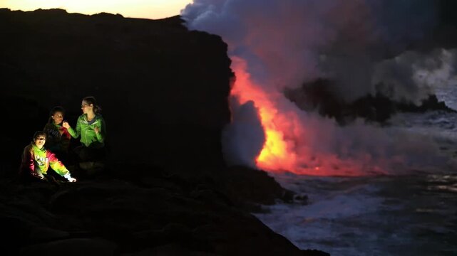Dramatic volcanic lava flow entering the ocean on the Big Island of Hawaii. Glowing molten lava meets seawater, creating intense steam clouds and fiery red light against a dark coastal landscape.