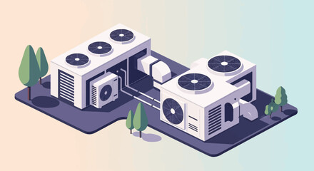 Industrial air conditioning units with surrounding trees, isometric view